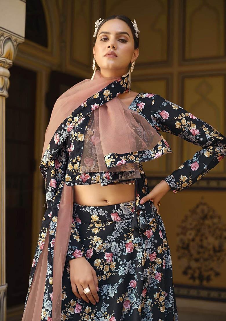 Blue Printed Silk Lehenga Set - Indya