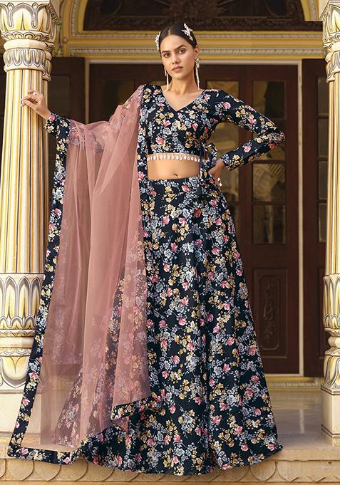 Blue Printed Silk Lehenga Set