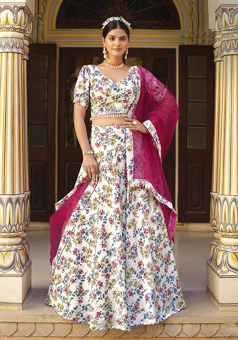 White Printed Silk Lehenga Set