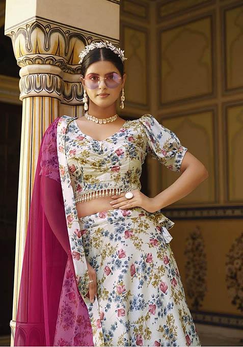 White Printed Silk Lehenga Set