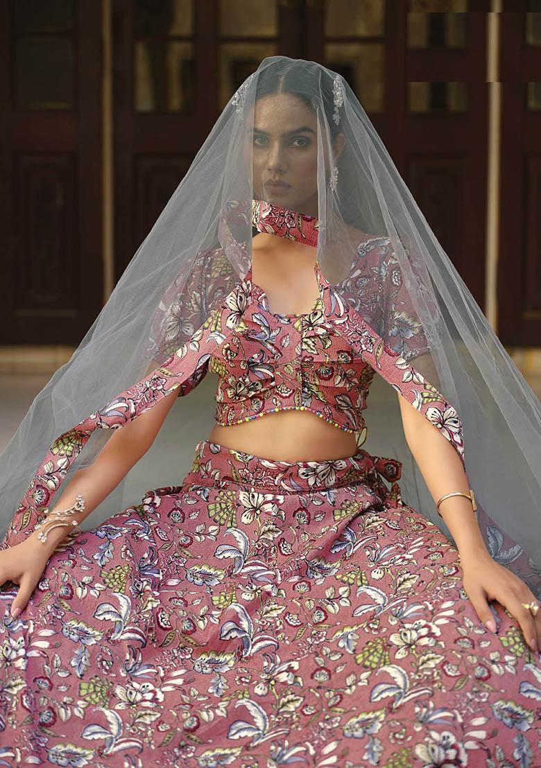 Pink Printed Silk Lehenga Set