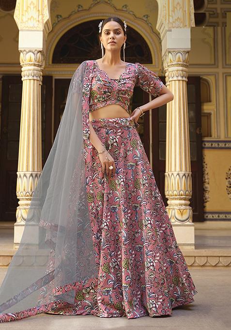 Pink Printed Silk Lehenga Set