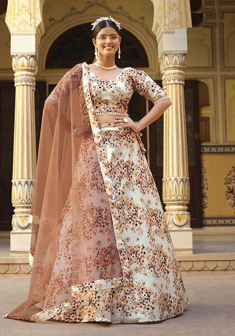 White Printed Silk Lehenga Set