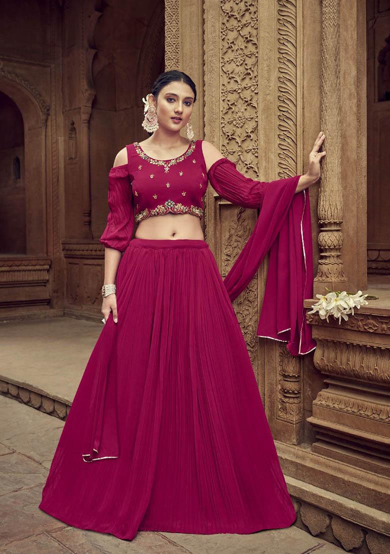 Rani Pink Hand Embroidered Georgette Lehenga Set - Indya