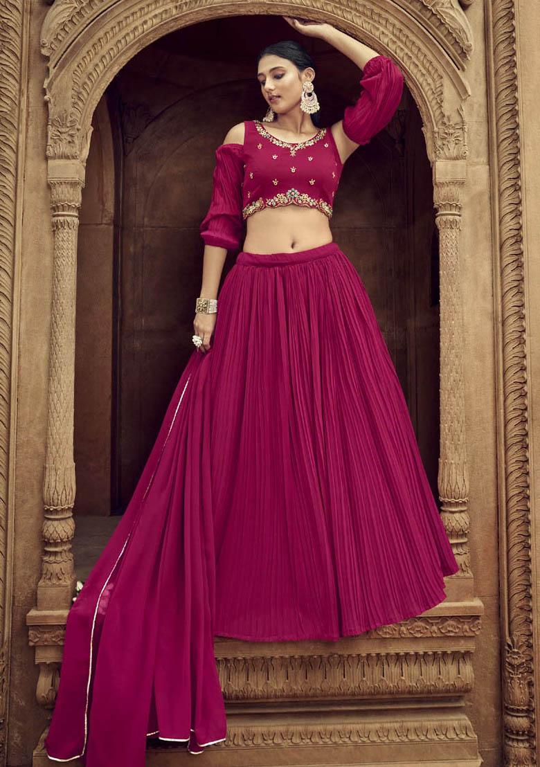 Rani Pink Hand Embroidered Georgette Lehenga Set - Indya
