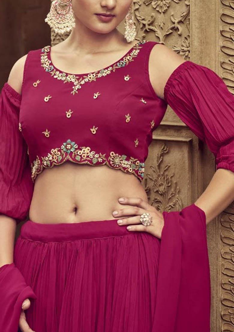 Rani Pink Hand Embroidered Georgette Lehenga Set - Indya