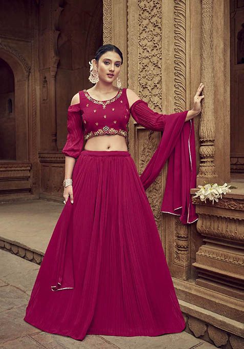 Rani Pink Hand Embroidered Georgette Lehenga Set