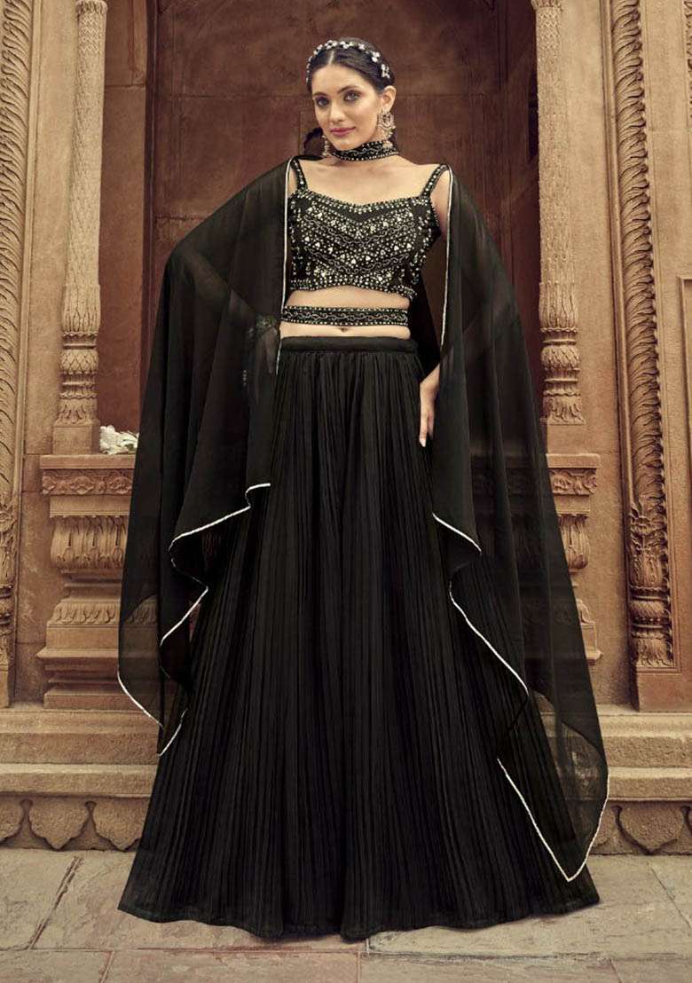 Black Hand Embroidered Georgette Lehenga Set for Diwali and Festive Wear - Indya