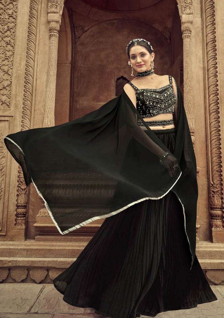 Black Hand Embroidered Georgette Lehenga Set for Diwali and Festive Wear - Indya