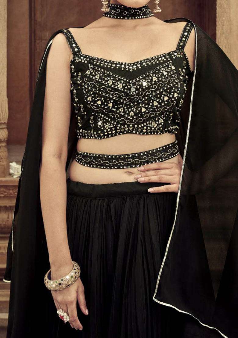 Black Hand Embroidered Georgette Lehenga Set for Diwali and Festive Wear - Indya