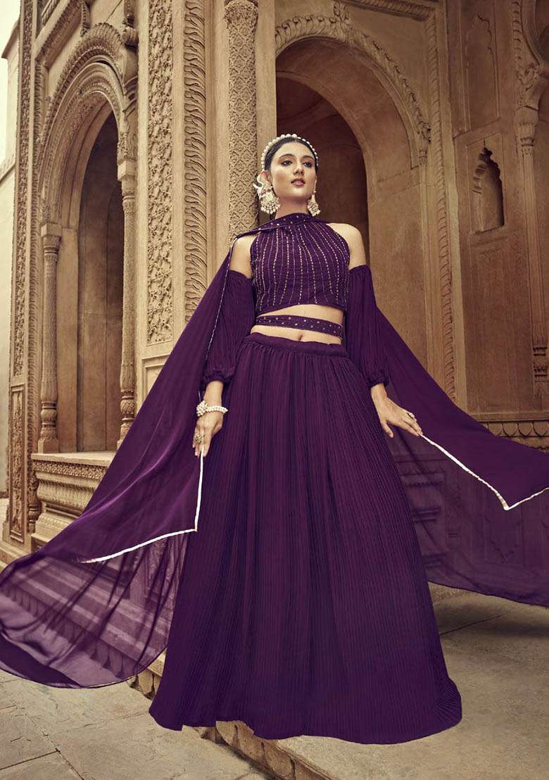Wine Hand Georgette Lehenga Set with Embroidered for Diwali | Wedding & Festive Wear - Indya