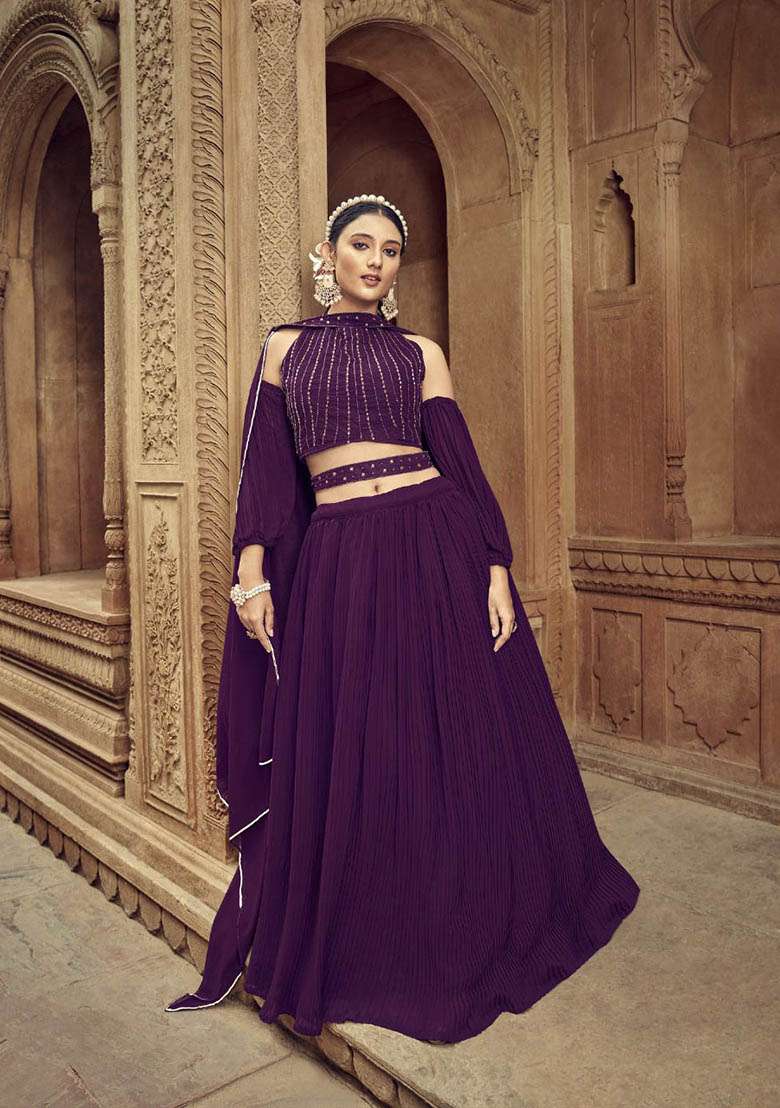 Wine Hand Georgette Lehenga Set with Embroidered for Diwali | Wedding & Festive Wear - Indya
