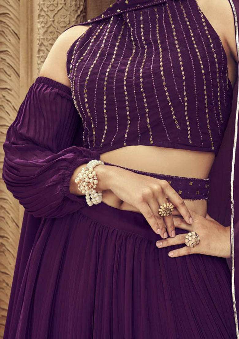 Wine Hand Georgette Lehenga Set with Embroidered for Diwali | Wedding & Festive Wear - Indya