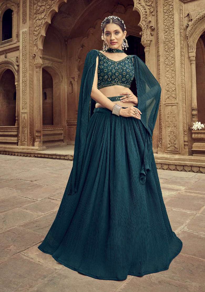 Rama Green Hand Georgette Lehenga Set with Embroidered for Diwali | Wedding & Festive Wear - Indya