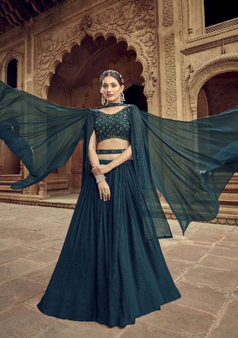 Rama Green Hand Georgette Lehenga Set with Embroidered for Diwali | Wedding & Festive Wear - Indya