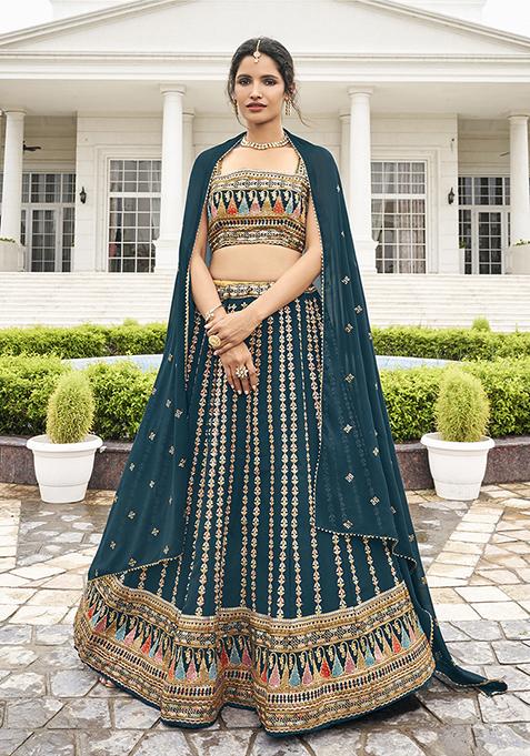 Rama Green Thread Embroidered Georgette Lehenga Set