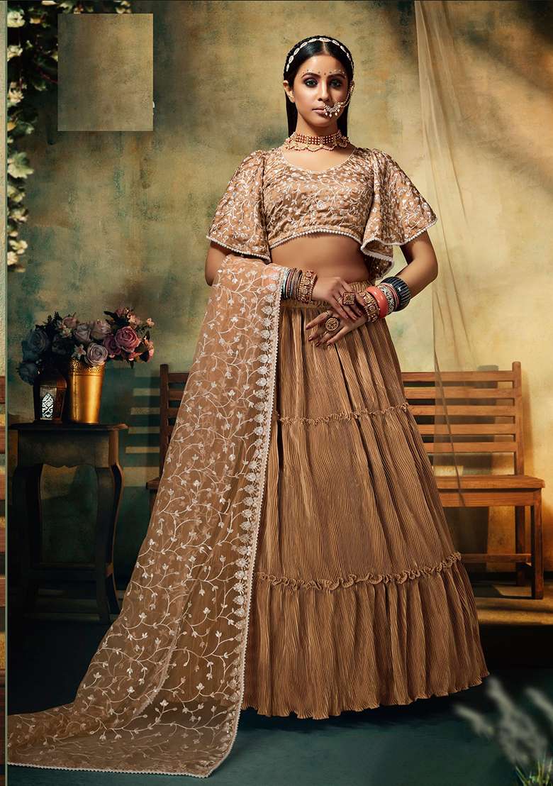 Peach Satin Lehenga Set with Embroidered & Sequin for Diwali | Wedding & Festive Wear - Indya