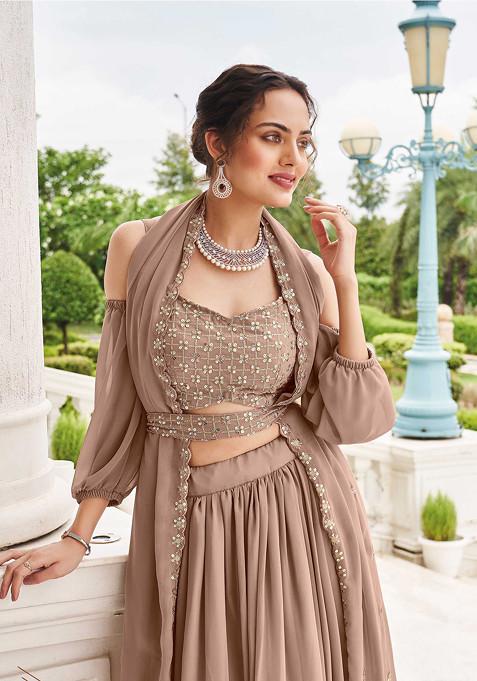 Peach Sequin Embroidered Georgette Lehenga Set