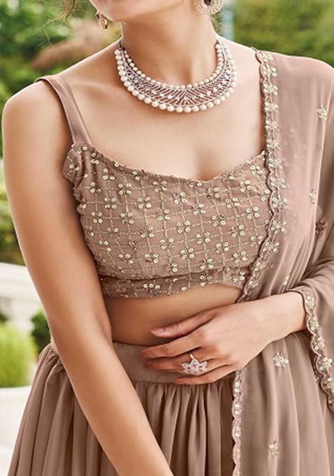 Peach Sequin Embroidered Georgette Lehenga Set