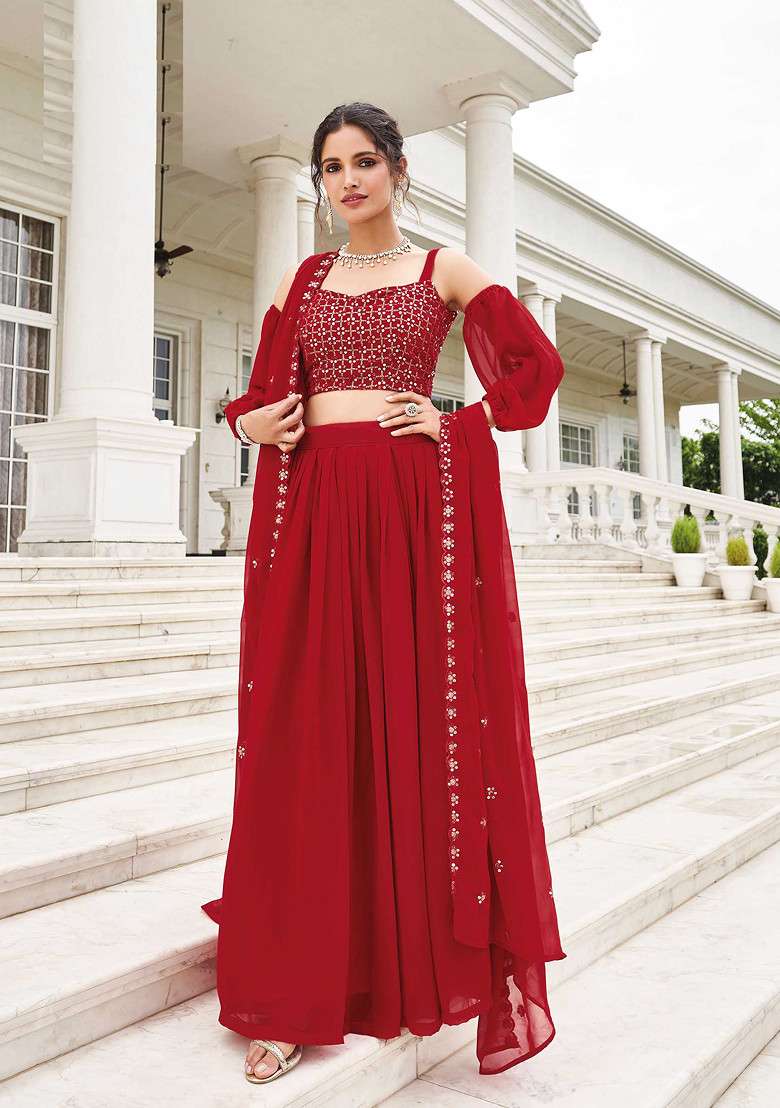 Red Georgette Lehenga Set with Embroidered & Sequin for Diwali | Wedding & Festive Wear - Indya