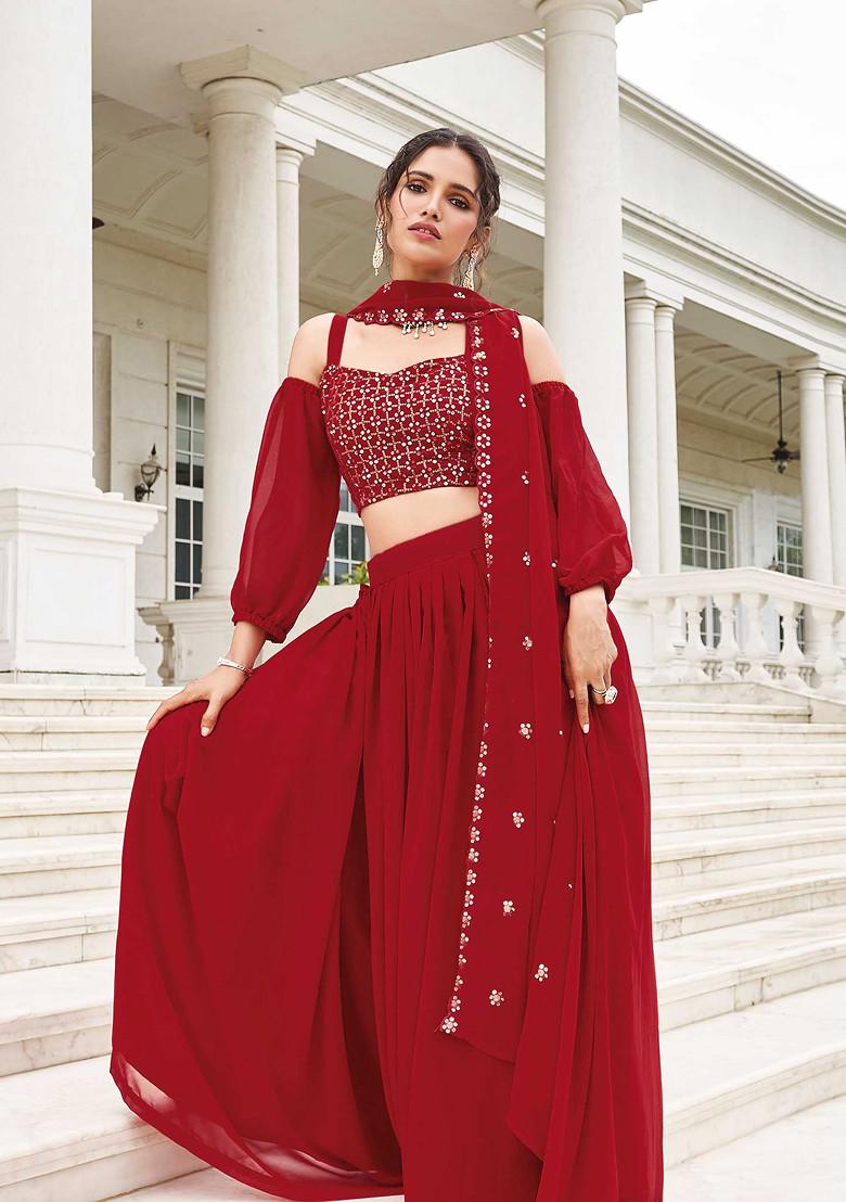 Red Sequin Embroidered Georgette Lehenga Set
