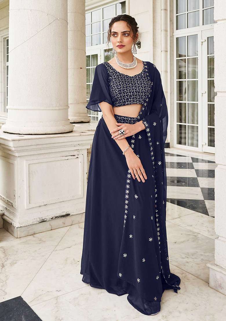 Blue Georgette Lehenga Set with Embroidered & Sequin for Diwali | Wedding & Festive Wear - Indya