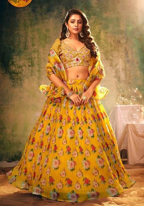 Yellow Zari Embroidered Organza Lehenga Set