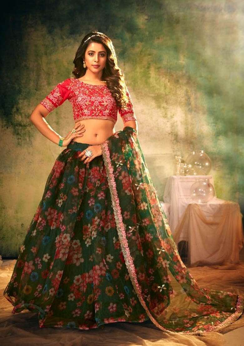 Green Zari Embroidered Organza Lehenga Set for Diwali and Festive Wear - Indya
