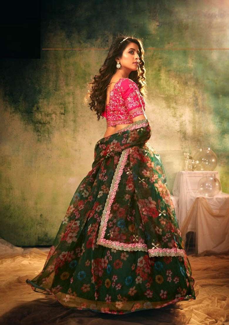 Green Zari Embroidered Organza Lehenga Set for Diwali and Festive Wear - Indya