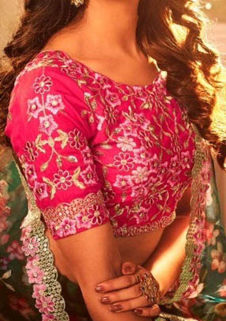 Green Zari Embroidered Organza Lehenga Set for Diwali and Festive Wear - Indya