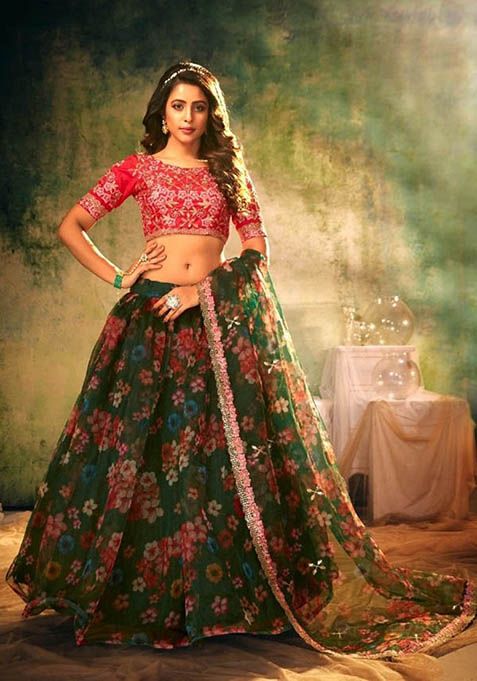 Green Zari Embroidered Organza Lehenga Set