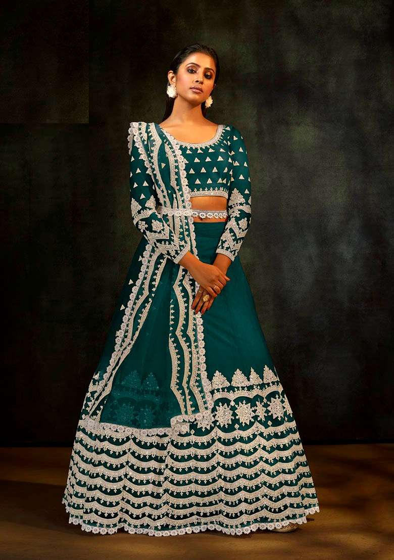 Rama Blue Thread Embroidered Net Lehenga Set for Diwali and Festive Wear - Indya