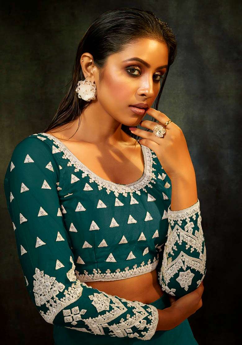 Rama Blue Thread Embroidered Net Lehenga Set for Diwali and Festive Wear - Indya
