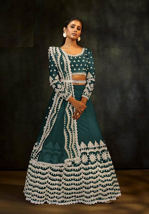 Rama Blue Thread Embroidered Net Lehenga Set