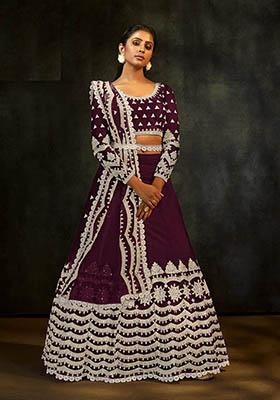 Wine Thread Embroidered Net Lehenga Set
