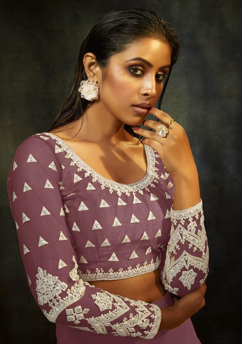 Pink Thread Embroidered Net Lehenga Set