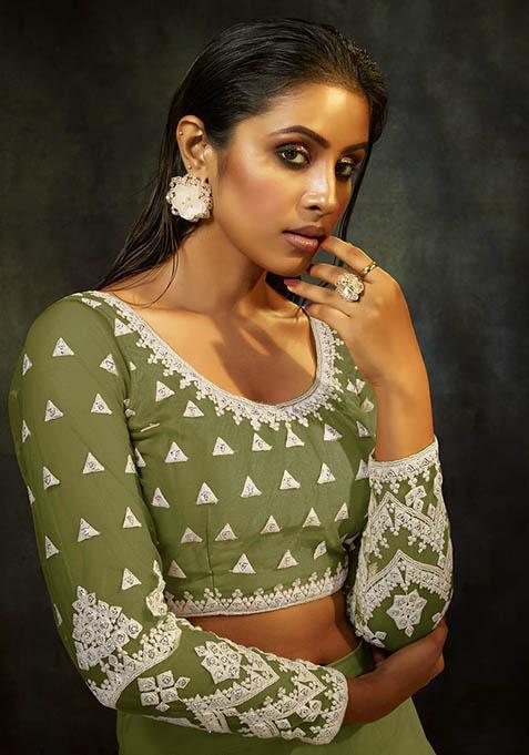 Pink Thread Embroidered Net Lehenga Set