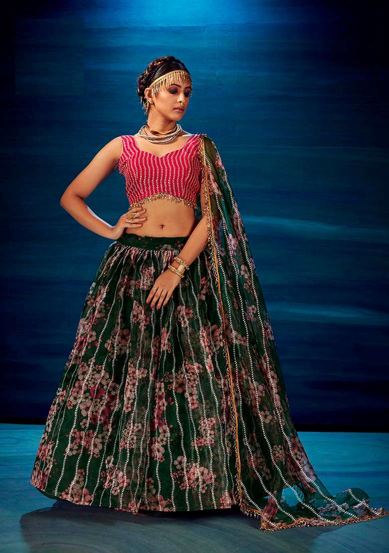 Green Thread Organza Lehenga Set with Embroidered for Diwali | Wedding & Festive Wear - Indya
