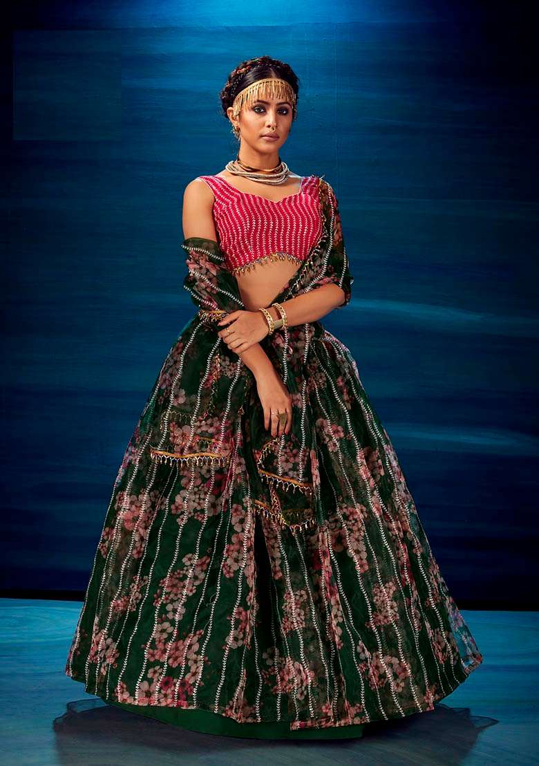 Green Thread Organza Lehenga Set with Embroidered for Diwali | Wedding & Festive Wear - Indya