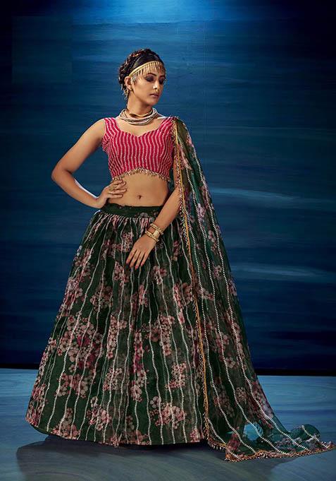 Green Thread Embroidered Organza Lehenga Set