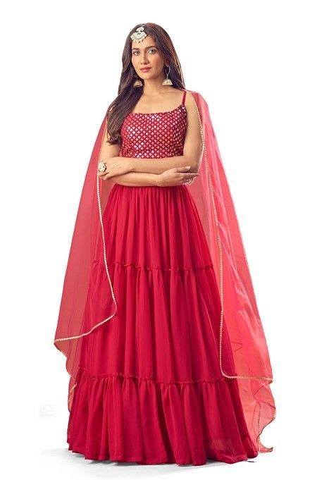 Rani Pink Thread Embroidered Georgette Lehenga Set