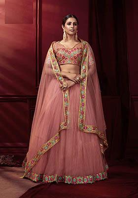 Pink Thread Embroidered Net Lehenga Set