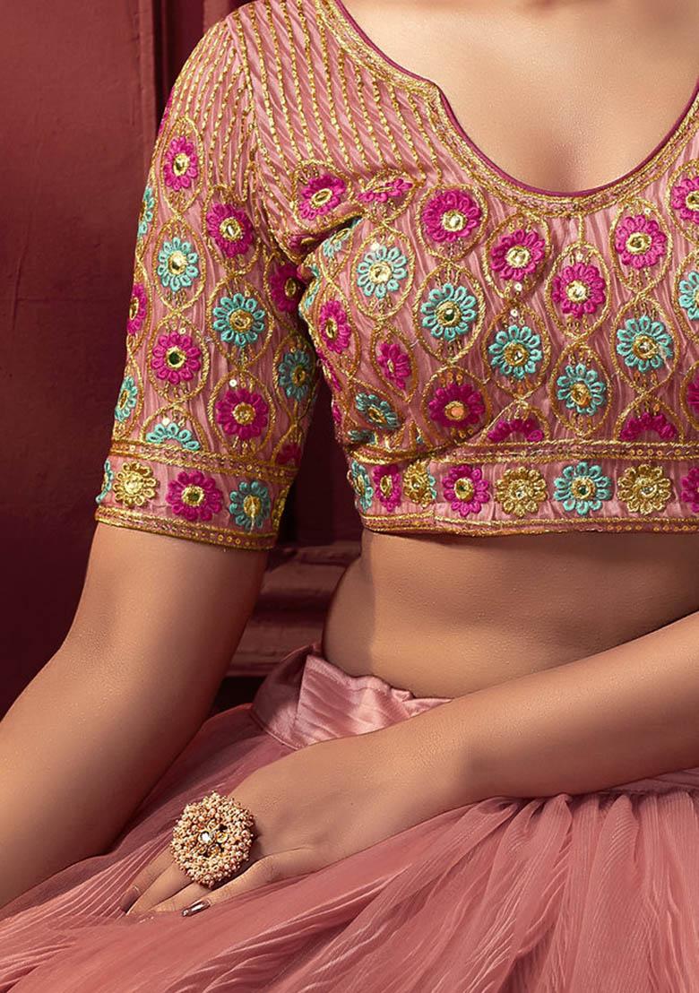 Pink Thread Embroidered Net Lehenga Set