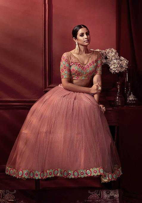Pink Thread Embroidered Net Lehenga Set