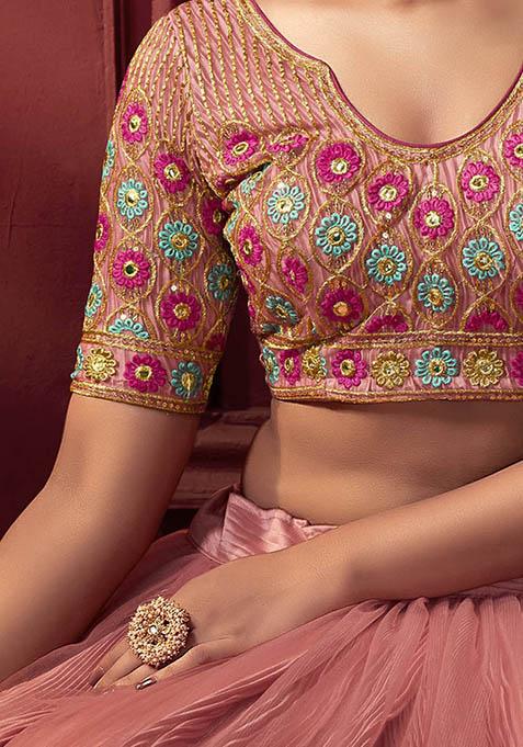 Pink Thread Embroidered Net Lehenga Set