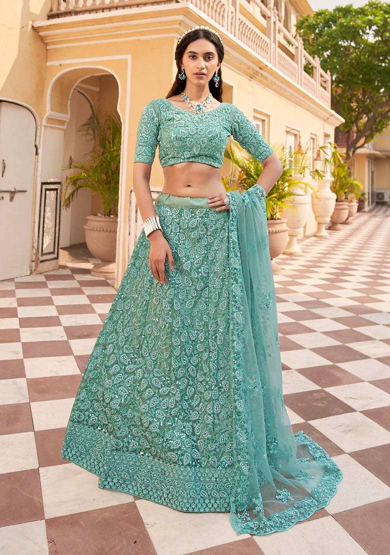 Green Zari Thread Embroidered Net Lehenga Set for Diwali and Festive Wear - Indya