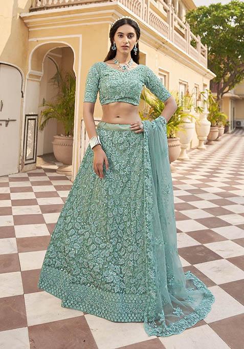 Green Zari Thread Embroidered Net Lehenga Set