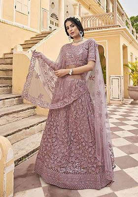 Peach Zari Thread Embroidered Net Lehenga Set