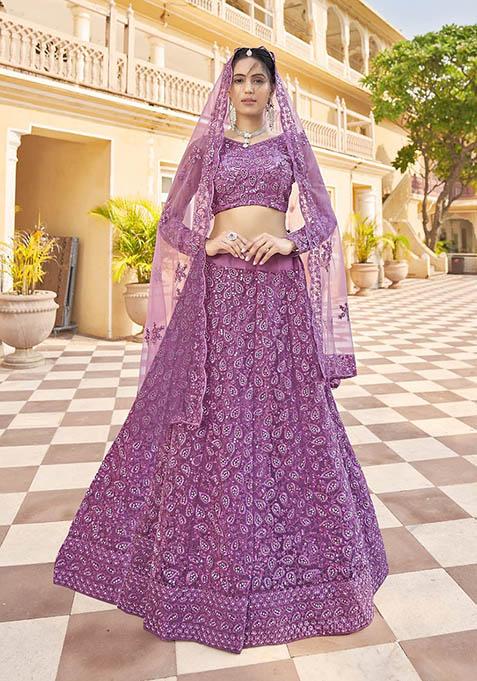 Purple Zari Thread Embroidered Net Lehenga Set