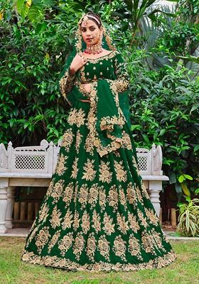 Green Zari Thread Embroidered Velvet Lehenga Set
